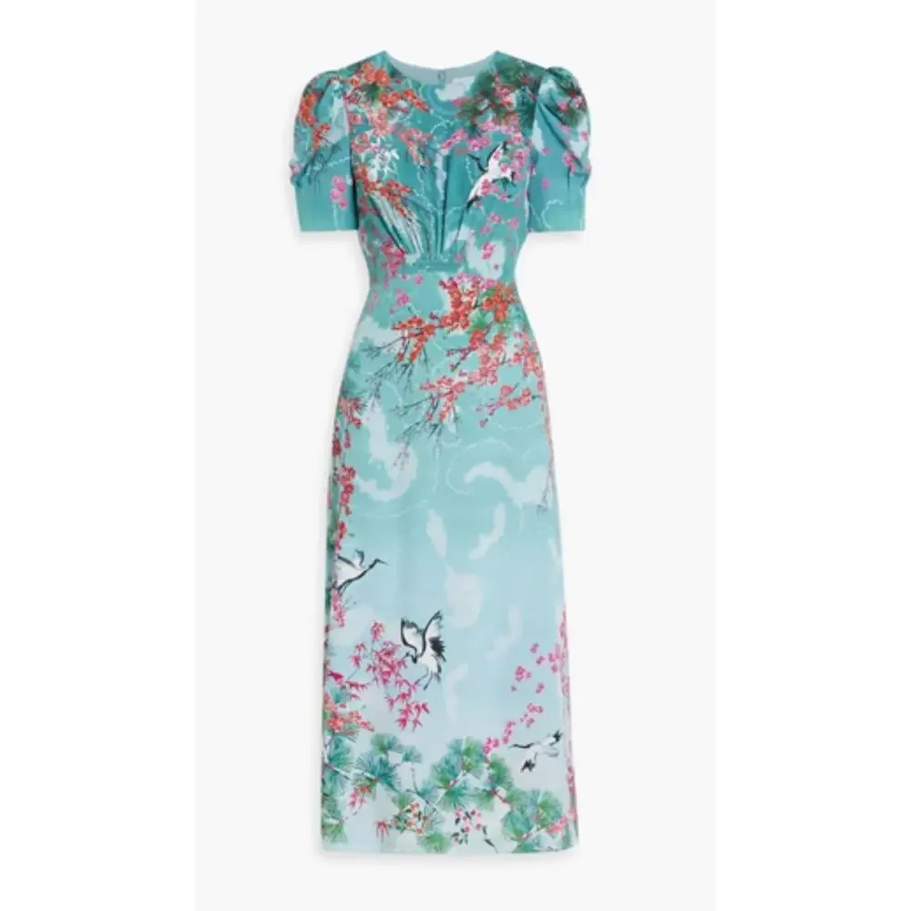 NWT $975 SALONI Bianca Blue Hanami Clouds Pure Silk Jacquard Crepe Chine Dress 4 - Picture 4 of 13